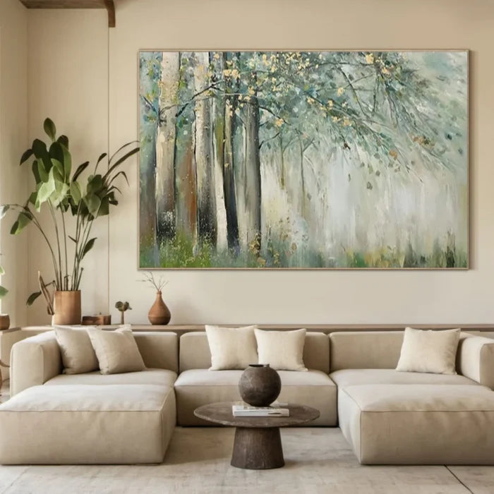 Misty Forest Wall Art – Green Nature Landscape Canvas Painting#yy721033