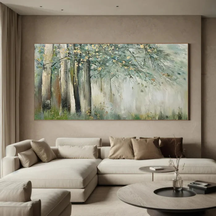 Misty Forest Wall Art – Green Nature Landscape Canvas Painting#yy721033