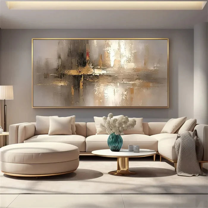 Neutral Abstract Textured Wall Art – Gold Modern Canvas Painting#yy721034