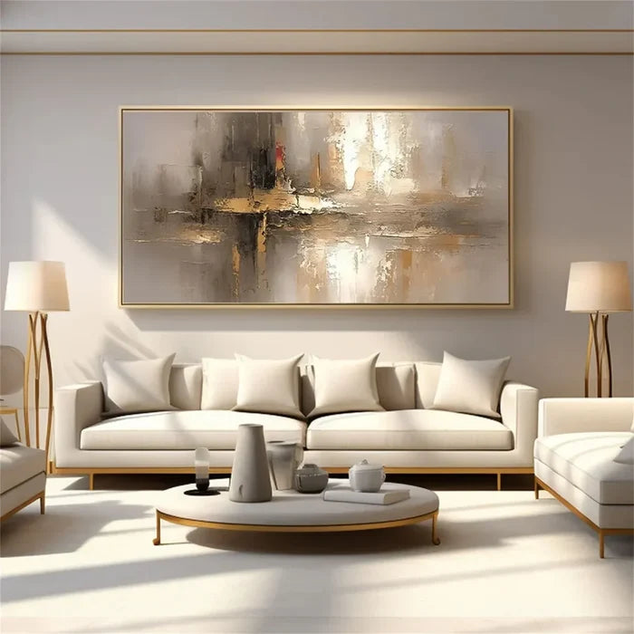 Neutral Abstract Textured Wall Art – Gold Modern Canvas Painting#yy721034