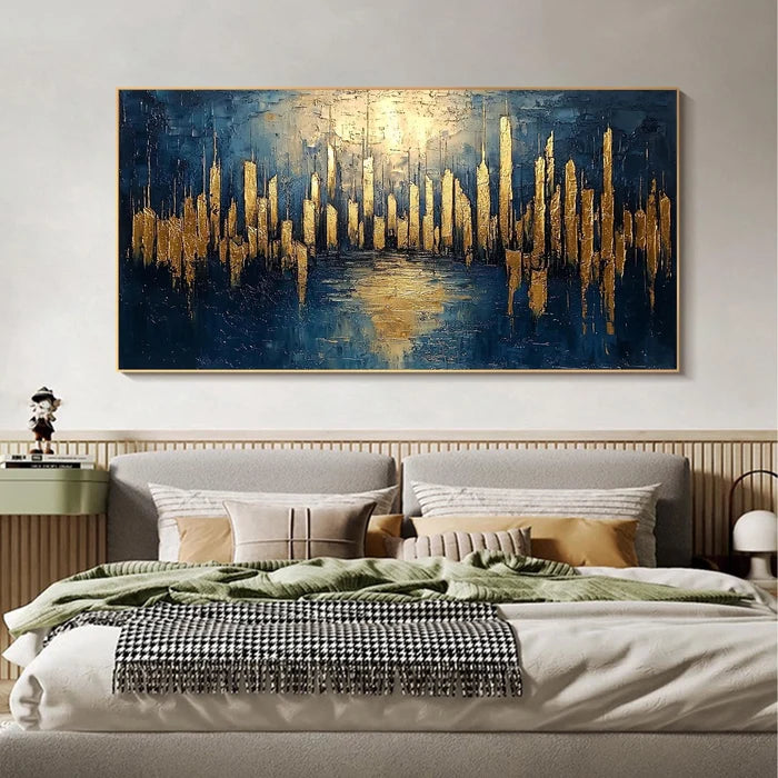 Golden City Skyline Wall Art – Modern Abstract Urban Canvas Painting#yy721044