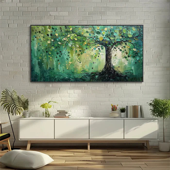 Green Tree Wall Art – Textured Nature Landscape Canvas Painting#yy721045