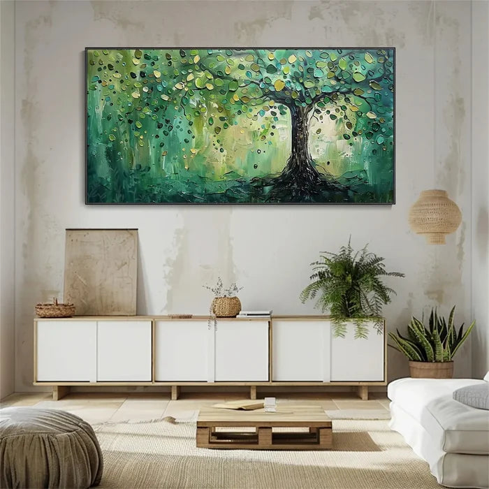 Green Tree Wall Art – Textured Nature Landscape Canvas Painting#yy721045