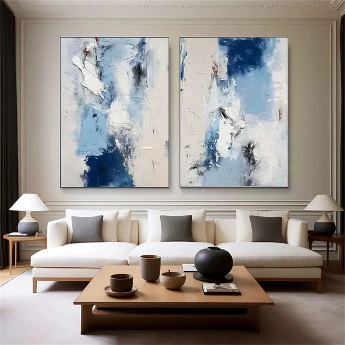 Blue Abstract Wall Art Set – Textured Diptych Canvas Painting#yy721050
