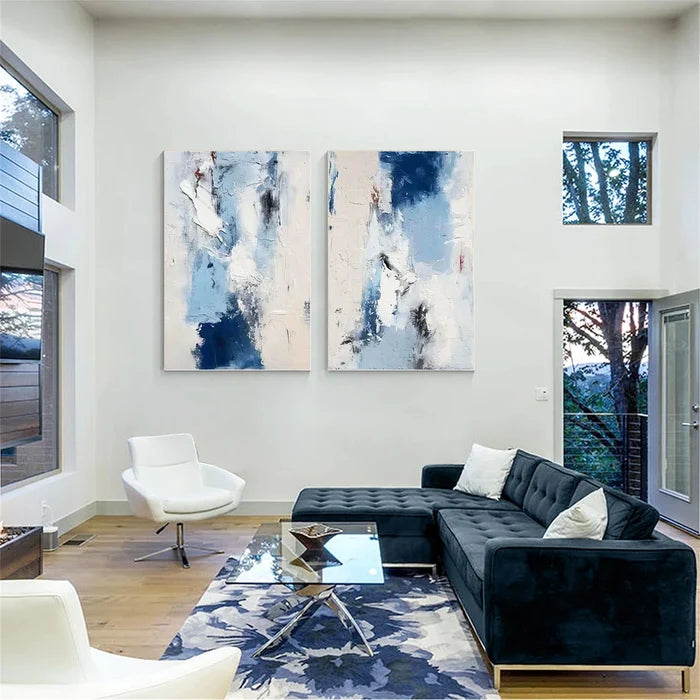Blue Abstract Wall Art Set – Textured Diptych Canvas Painting#yy721050