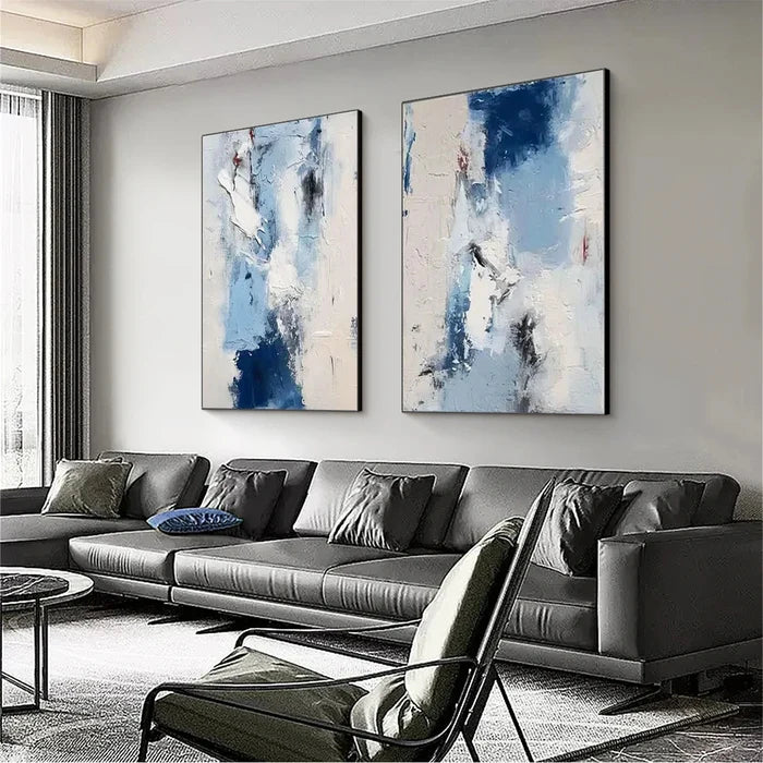 Blue Abstract Wall Art Set – Textured Diptych Canvas Painting#yy721050