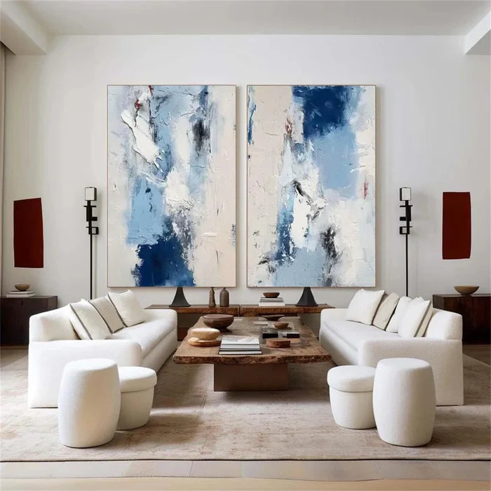 Blue Abstract Wall Art Set – Textured Diptych Canvas Painting#yy721050