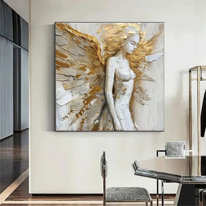 Golden Angel Wall Art – 3D Textured Religious Figure Canvas Painting#yy721051