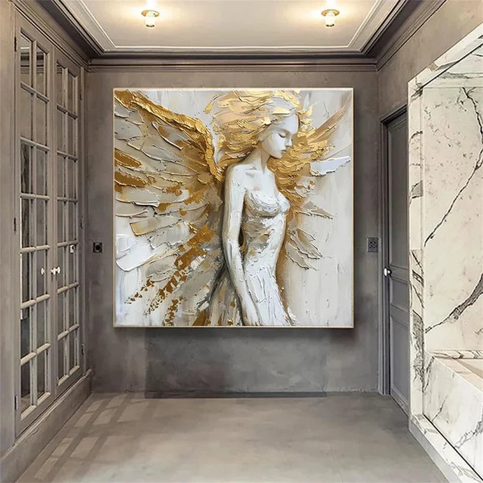 Golden Angel Wall Art – 3D Textured Religious Figure Canvas Painting#yy721051