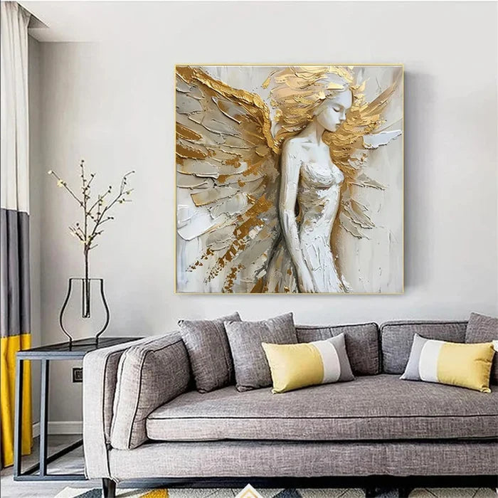 Golden Angel Wall Art – 3D Textured Religious Figure Canvas Painting#yy721051