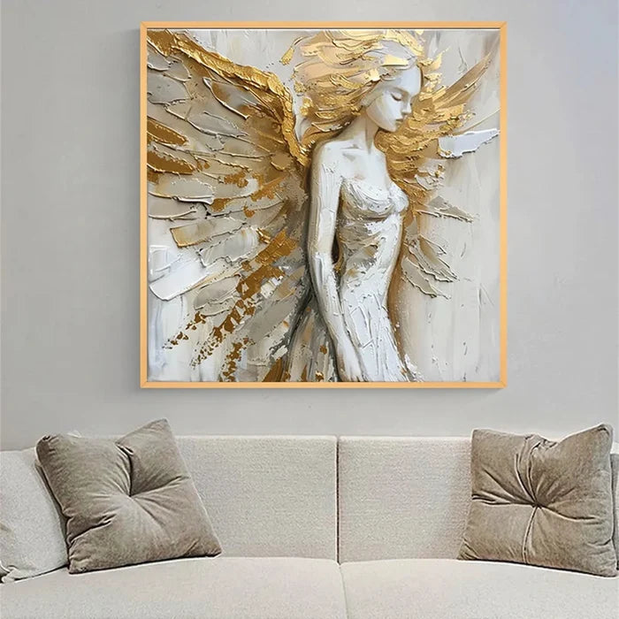 Golden Angel Wall Art – 3D Textured Religious Figure Canvas Painting#yy721051