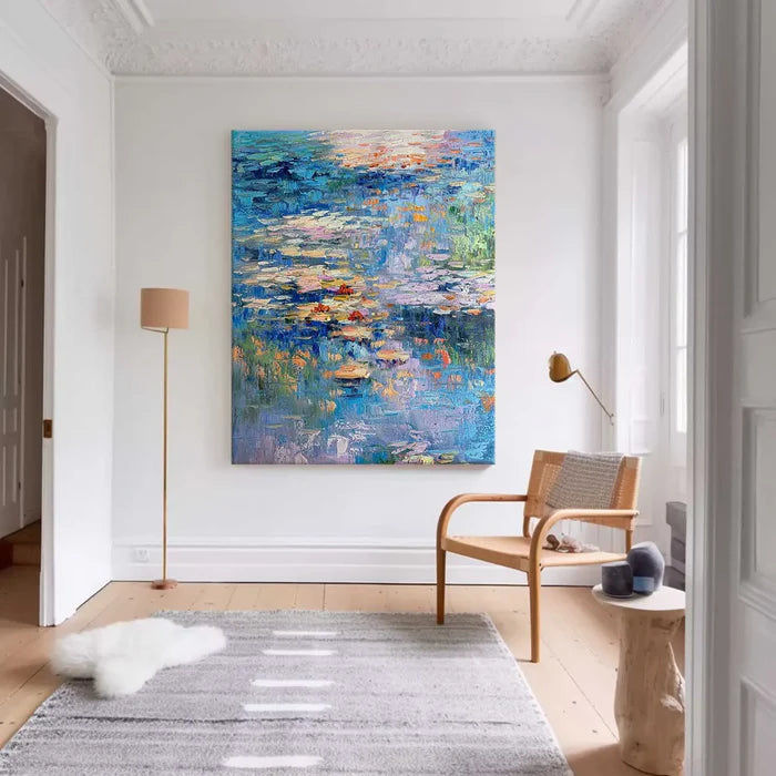 Blue Water Lily Wall Art – Abstract Pond Canvas Painting#yy721052