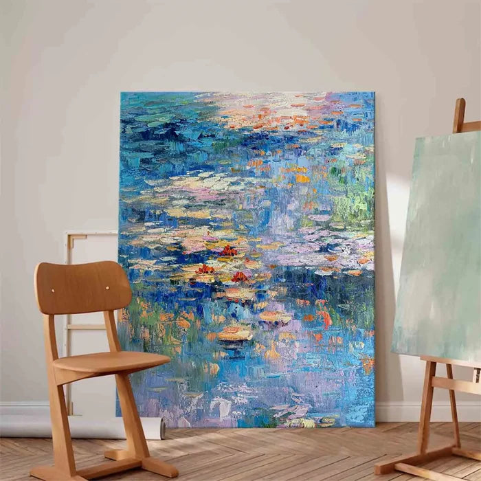 Blue Water Lily Wall Art – Abstract Pond Canvas Painting#yy721052