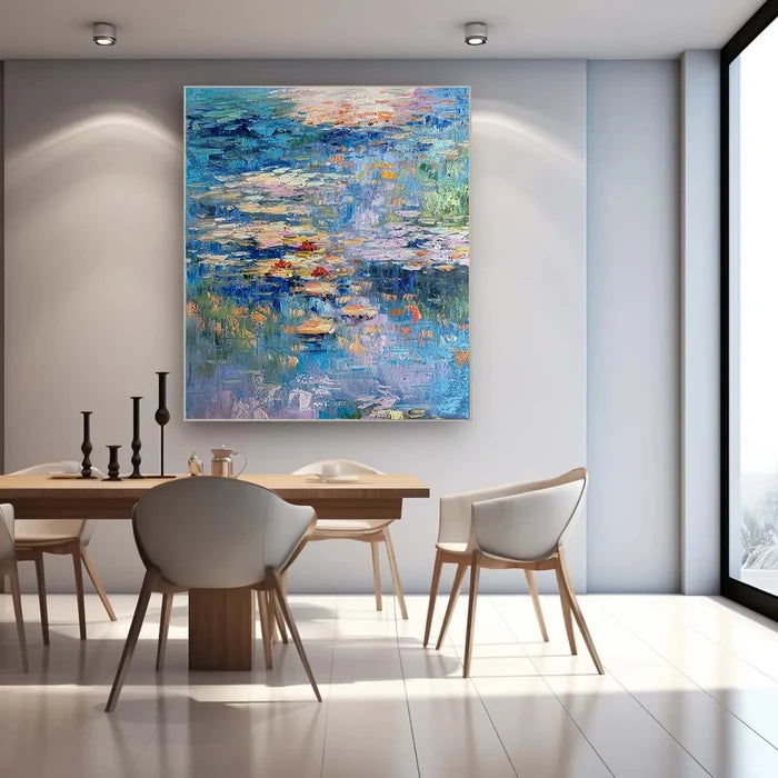 Blue Water Lily Wall Art – Abstract Pond Canvas Painting#yy721052