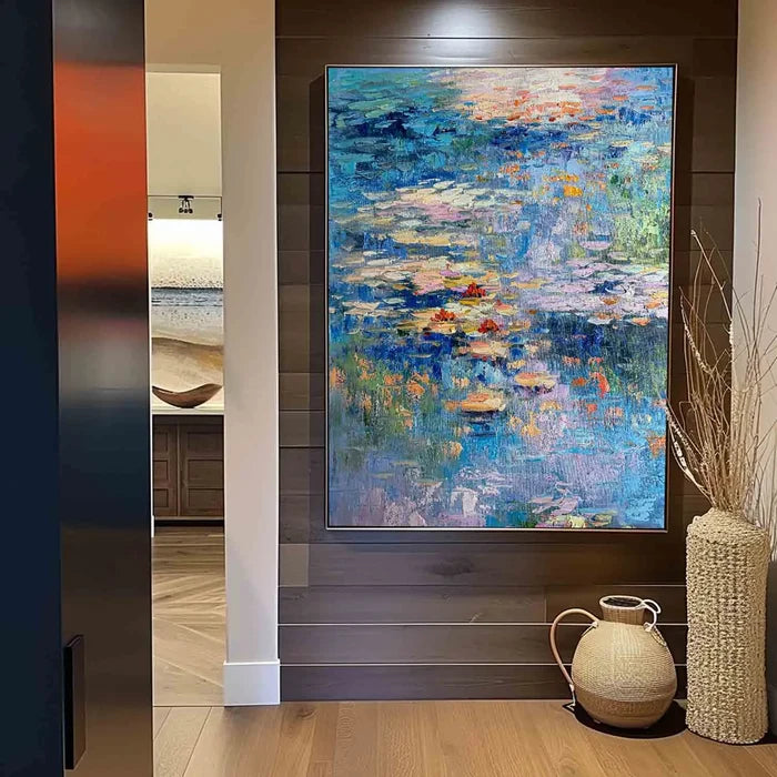 Blue Water Lily Wall Art – Abstract Pond Canvas Painting#yy721052
