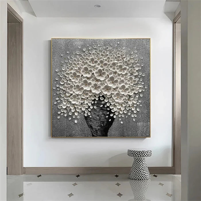 White Floral Tree Wall Art – 3D Textured Flower Canvas Painting#yy721060