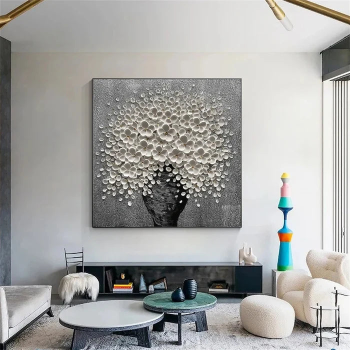 White Floral Tree Wall Art – 3D Textured Flower Canvas Painting#yy721060
