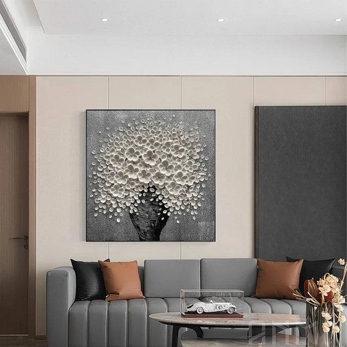 White Floral Tree Wall Art – 3D Textured Flower Canvas Painting#yy721060