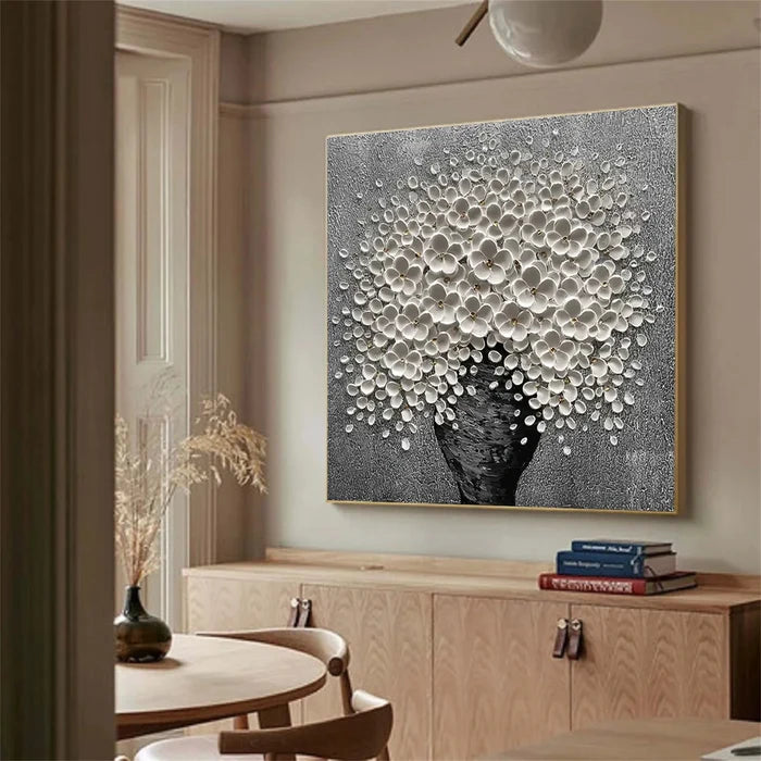 White Floral Tree Wall Art – 3D Textured Flower Canvas Painting#yy721060