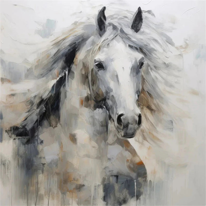 White Horse Wall Art – Modern Abstract Equine Canvas Painting#yy721072