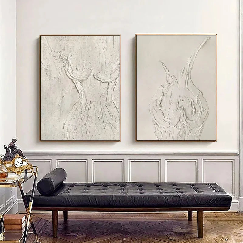 Minimalist White Textured Wall Art Set – Abstract 2 Piece Canvas Painting#yy721080