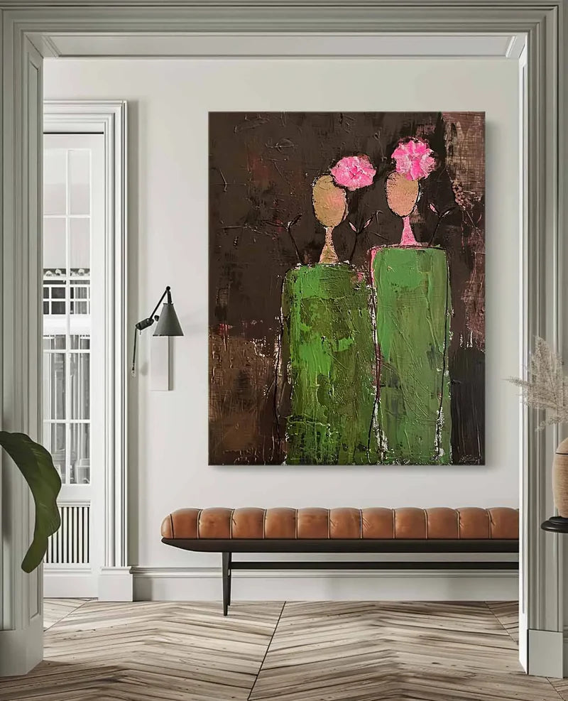 Abstract Flower Vase Wall Art – Modern Textured Floral Canvas Painting#yy721082