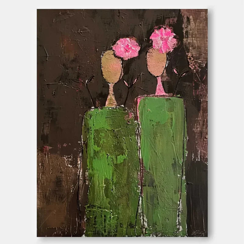 Abstract Flower Vase Wall Art – Modern Textured Floral Canvas Painting#yy721082