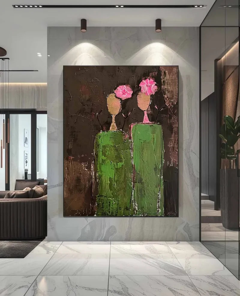 Abstract Flower Vase Wall Art – Modern Textured Floral Canvas Painting#yy721082