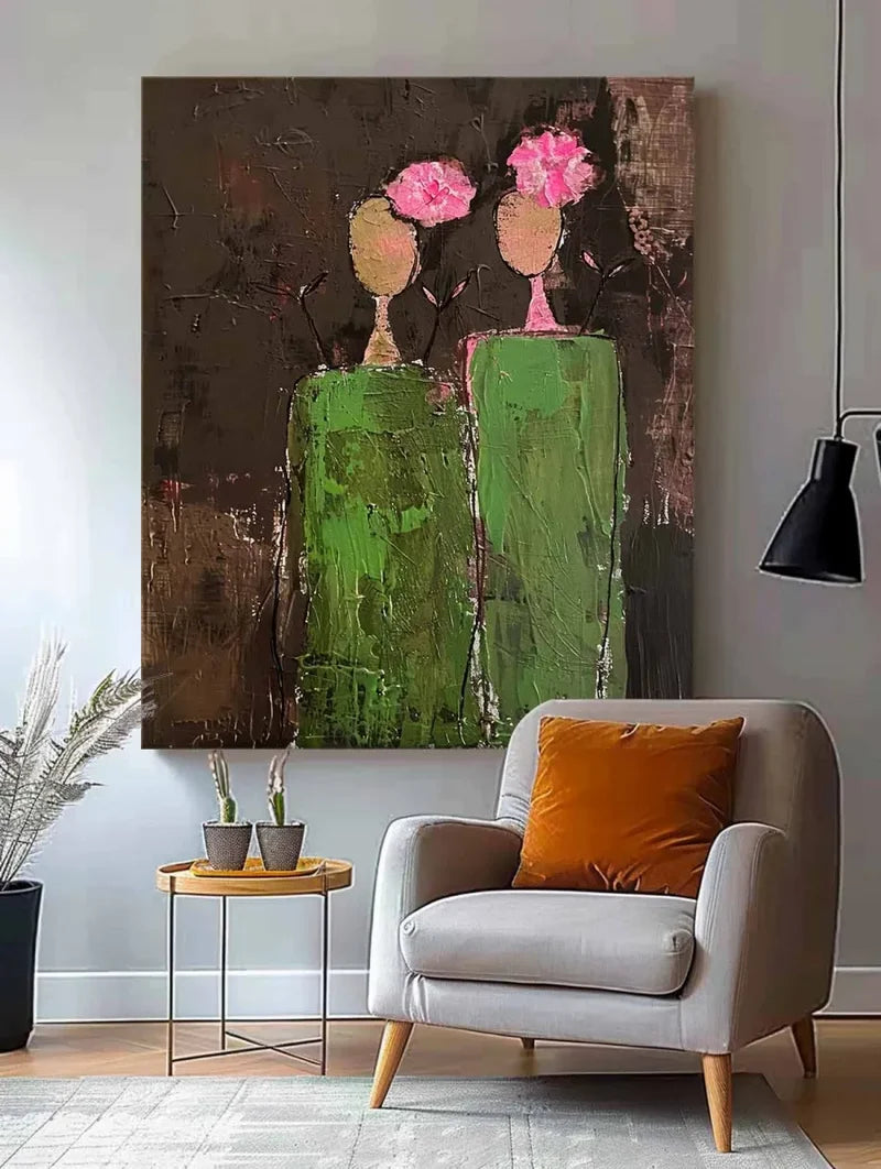 Abstract Flower Vase Wall Art – Modern Textured Floral Canvas Painting#yy721082