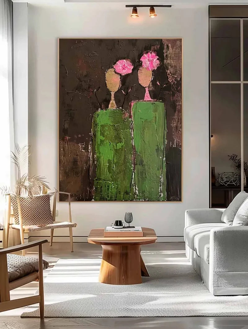 Abstract Flower Vase Wall Art – Modern Textured Floral Canvas Painting#yy721082