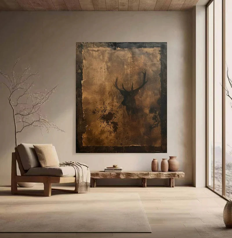 Dark Deer Wall Art – Rustic Animal Canvas Painting with Texture#yy721088