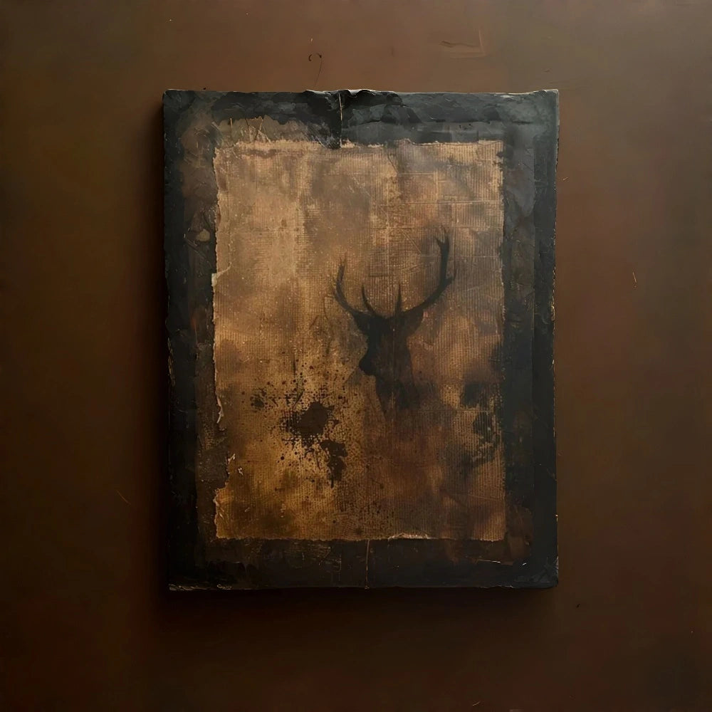 Dark Deer Wall Art – Rustic Animal Canvas Painting with Texture#yy721088