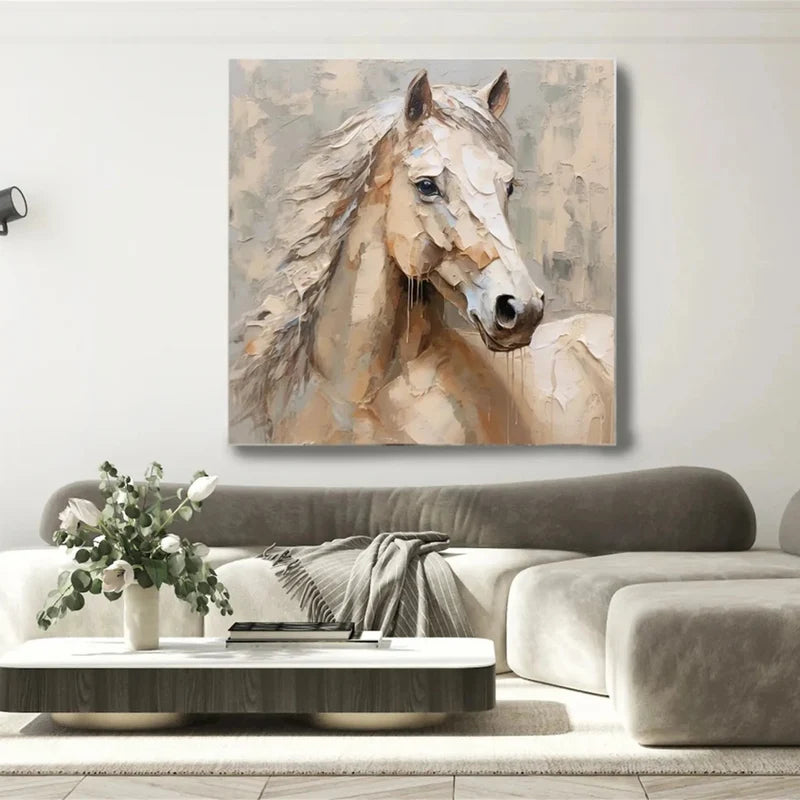 White Horse Wall Art – Modern Textured Equine Canvas Painting#yy721093