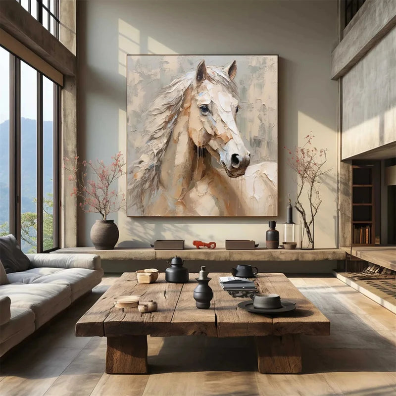 White Horse Wall Art – Modern Textured Equine Canvas Painting#yy721093