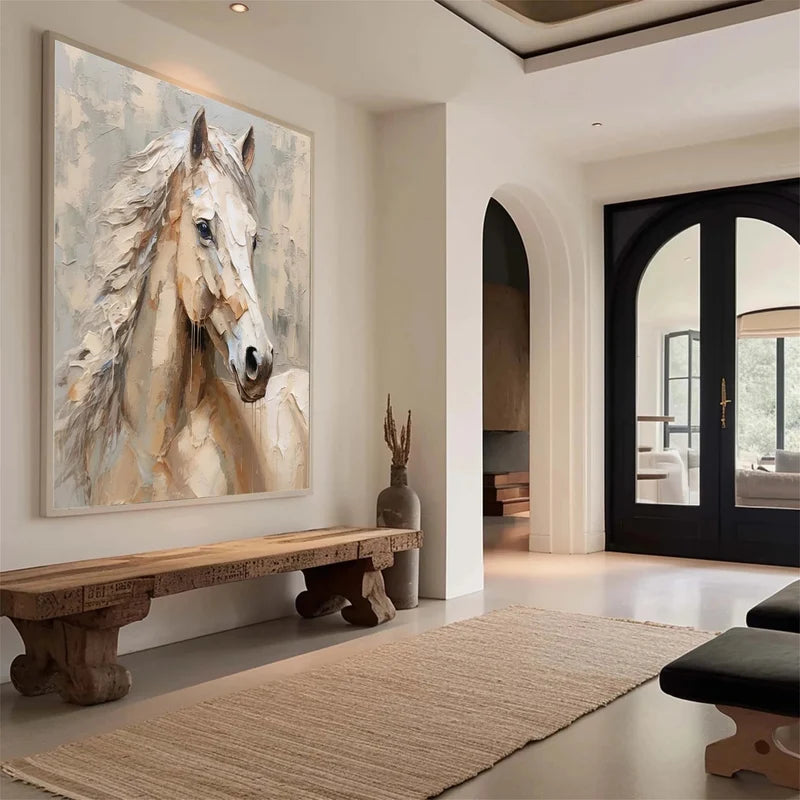 White Horse Wall Art – Modern Textured Equine Canvas Painting#yy721093