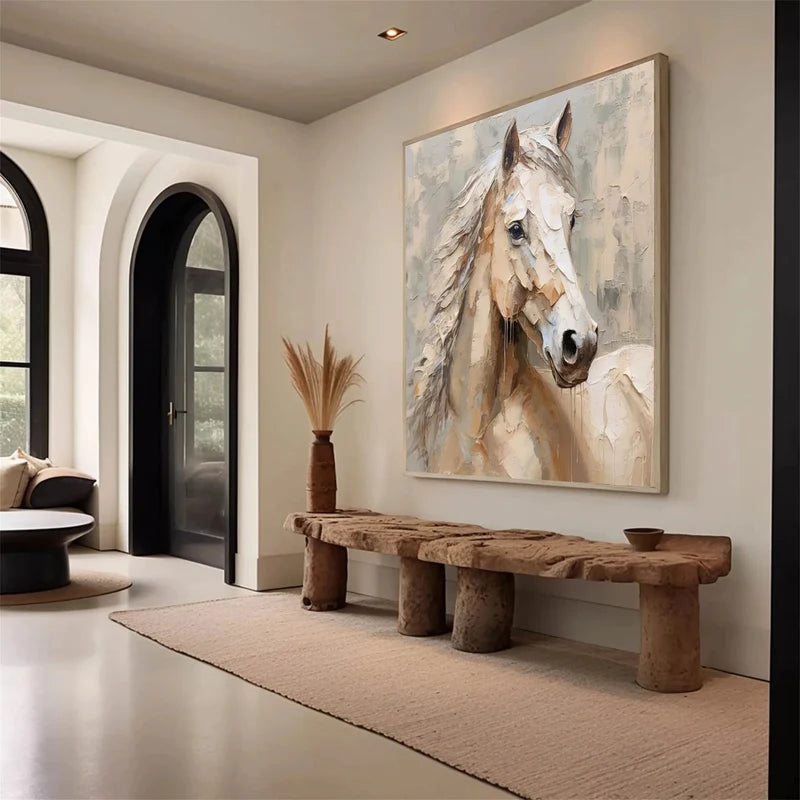 White Horse Wall Art – Modern Textured Equine Canvas Painting#yy721093