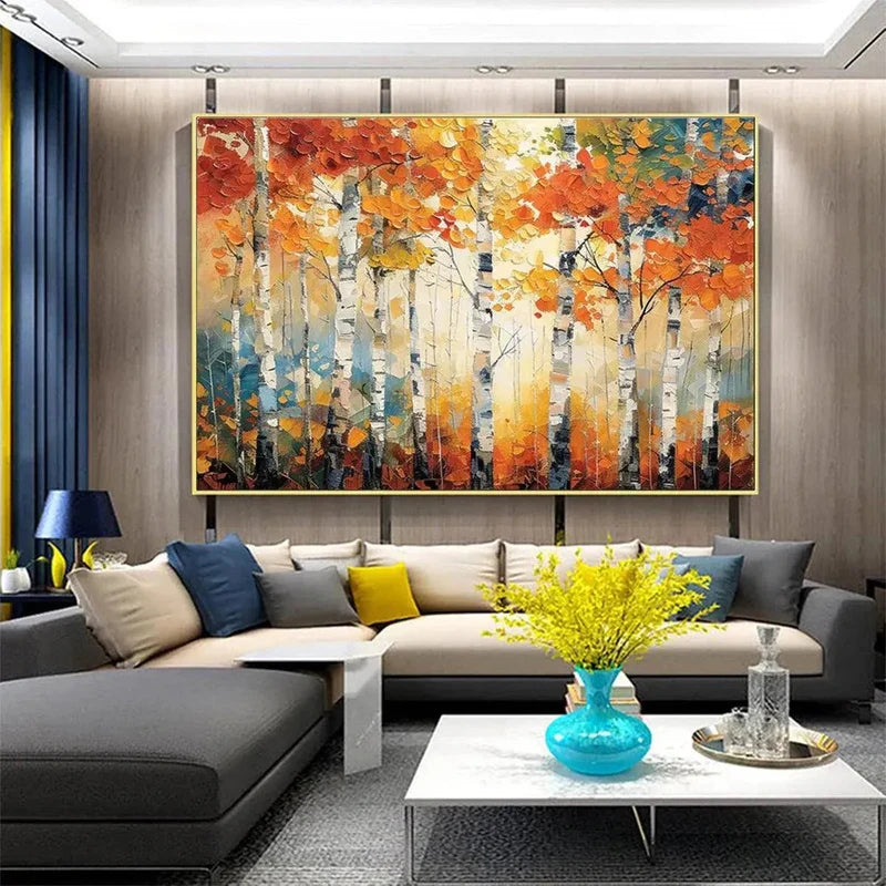 Autumn Forest Landscape Wall Art – Colorful Birch Tree Canvas Painting#yy721097
