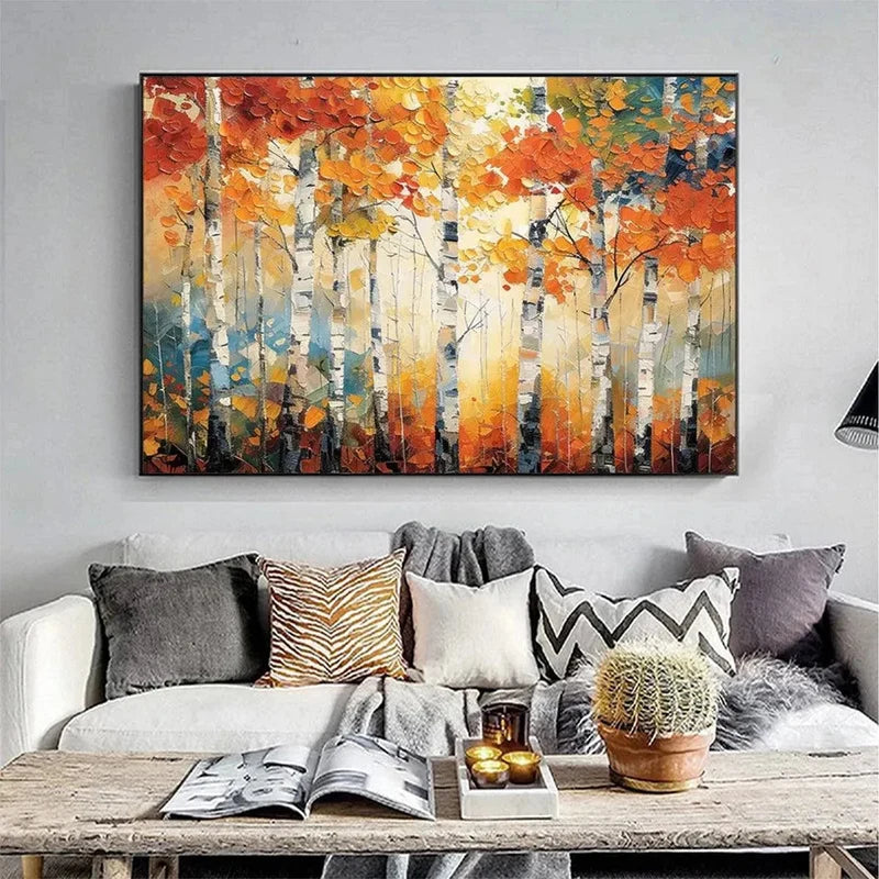 Autumn Forest Landscape Wall Art – Colorful Birch Tree Canvas Painting#yy721097