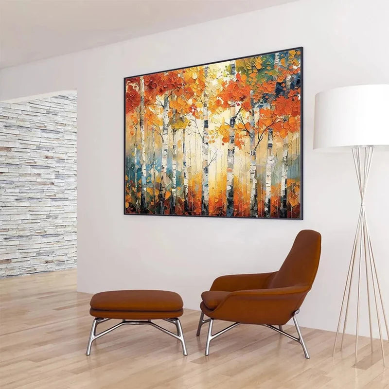 Autumn Forest Landscape Wall Art – Colorful Birch Tree Canvas Painting#yy721097