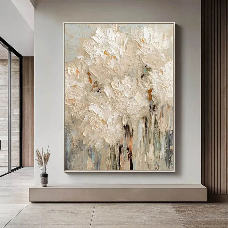 White Textured Floral Wall Art – Modern Abstract Canvas Painting#yy721098