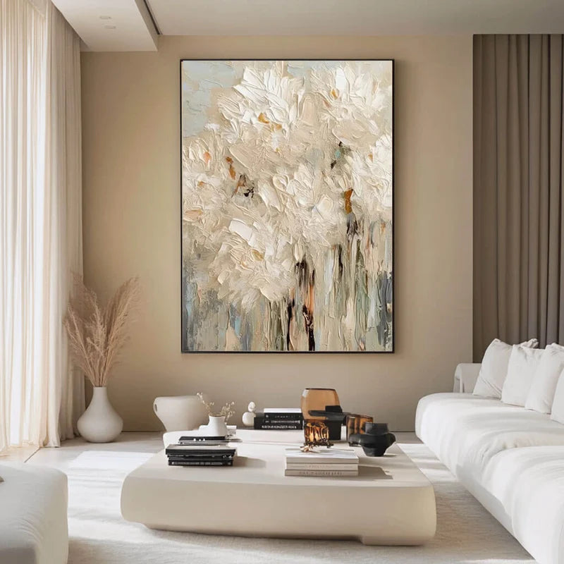 White Textured Floral Wall Art – Modern Abstract Canvas Painting#yy721098