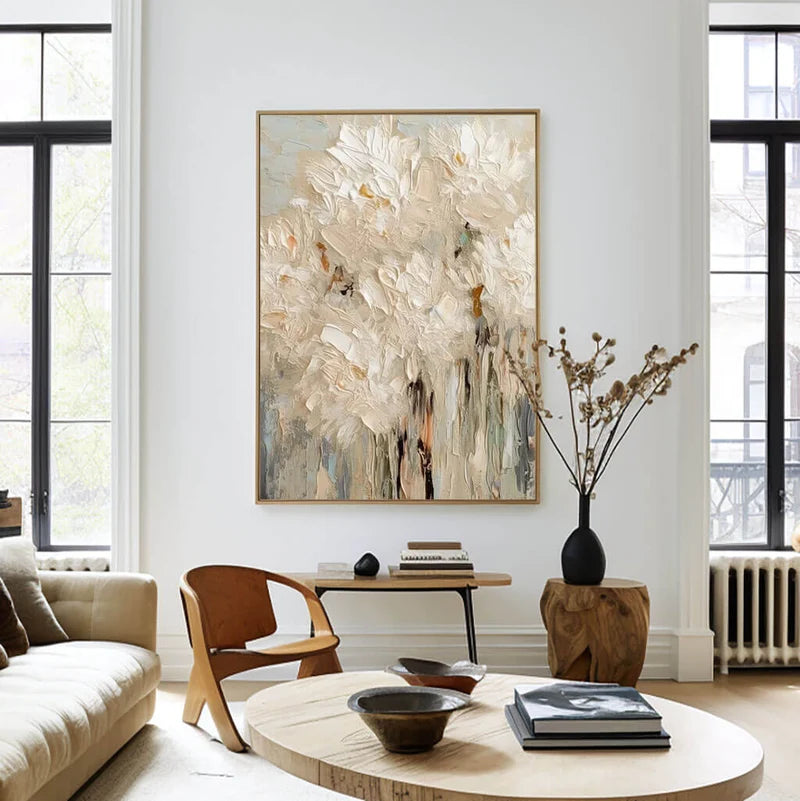 White Textured Floral Wall Art – Modern Abstract Canvas Painting#yy721098