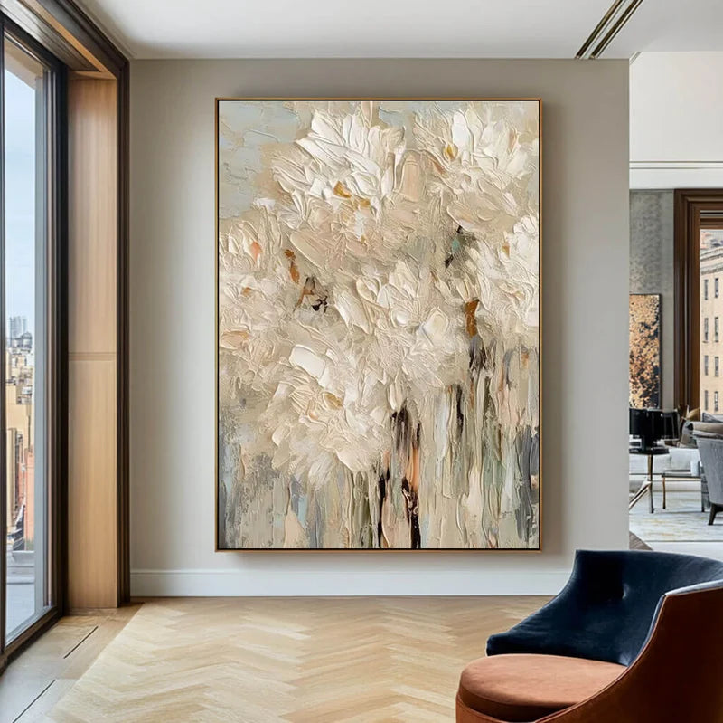 White Textured Floral Wall Art – Modern Abstract Canvas Painting#yy721098