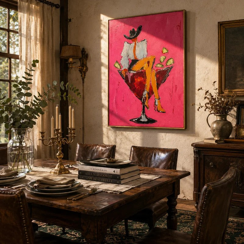 Pink Abstract Cocktail Wall Art – Modern Figurative Canvas Painting#yy721100