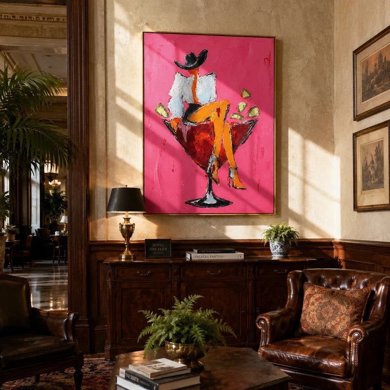 Pink Abstract Cocktail Wall Art – Modern Figurative Canvas Painting#yy721100