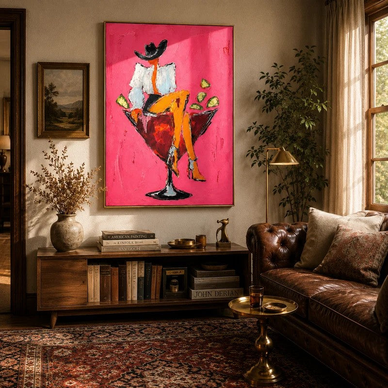 Pink Abstract Cocktail Wall Art – Modern Figurative Canvas Painting#yy721100