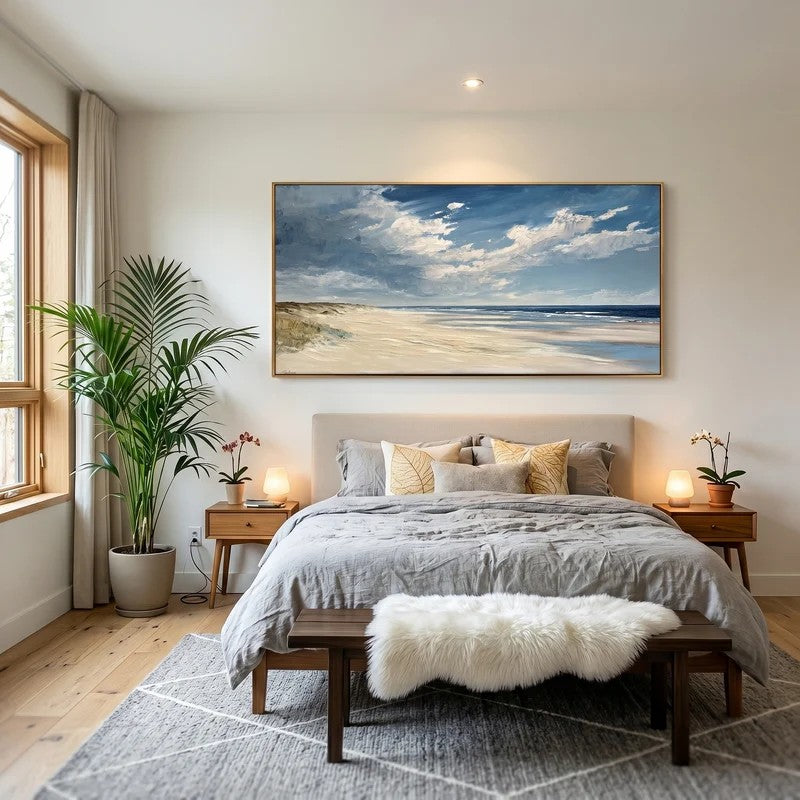Ocean Beach Landscape Wall Art – Blue Coastal Canvas Painting#yy721101
