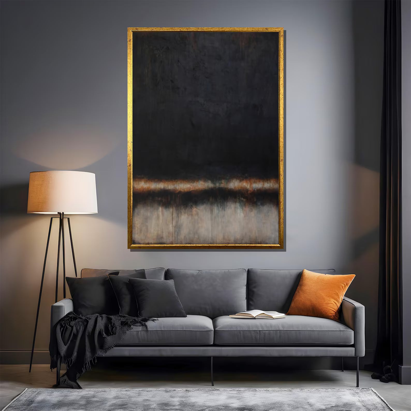 Ember Line – Black Minimalist Abstract Oil Painting#yy721113