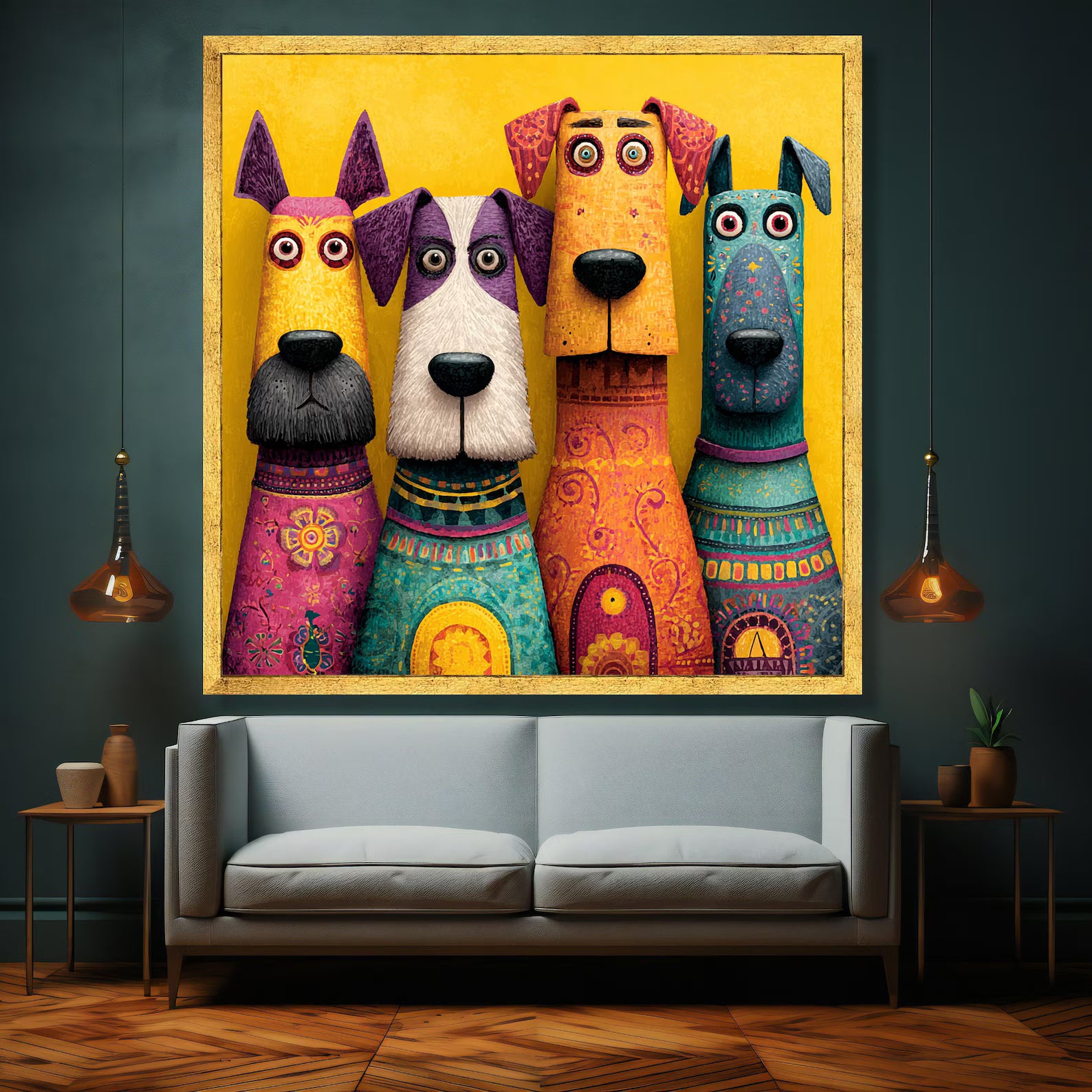Colorful Dog Squad – Whimsical Animal Oil Painting#yy721137