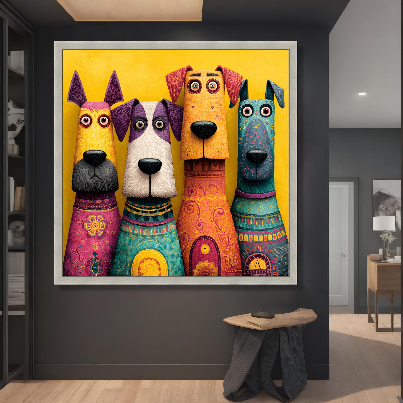 Colorful Dog Squad – Whimsical Animal Oil Painting#yy721137